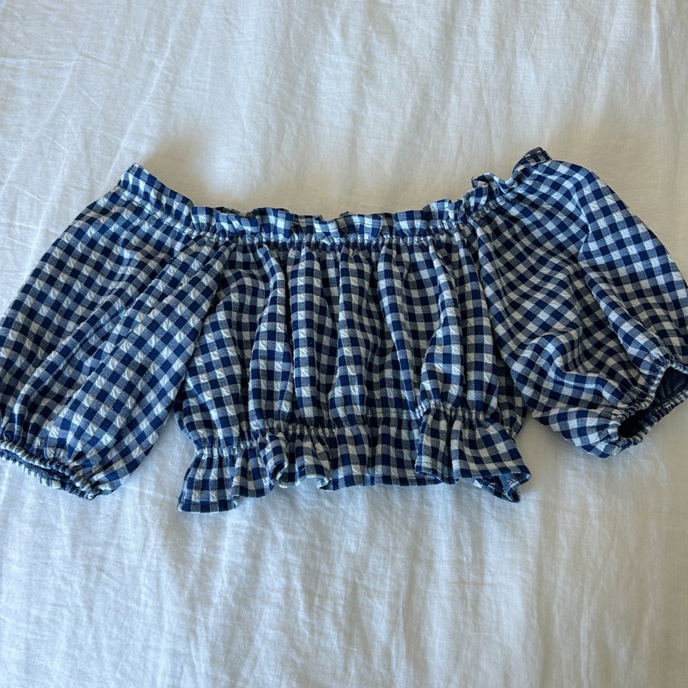 MNG off shoulder blue gingham blouse